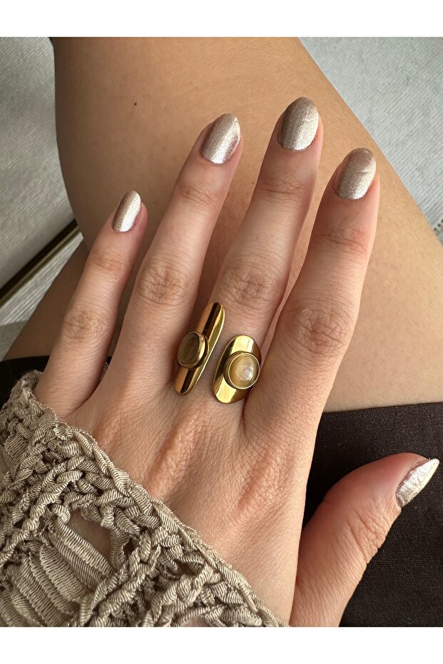 Gold Steel Anti-Tarnish Brown Cat's Eye Stone Ring