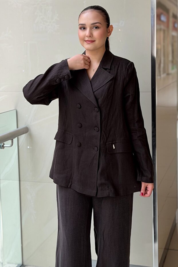 Missdalida Double-Breasted Cut Linen Long Jacket