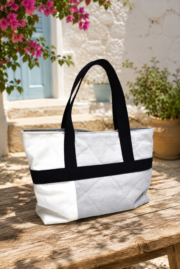 White Gray Quilted Patchwork Navy Blue Color Shoulder Bag with Strap