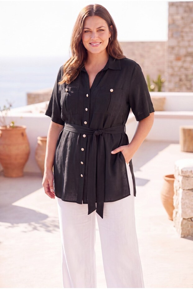 Waist Tie Detail Slit Large Size Jacket Black