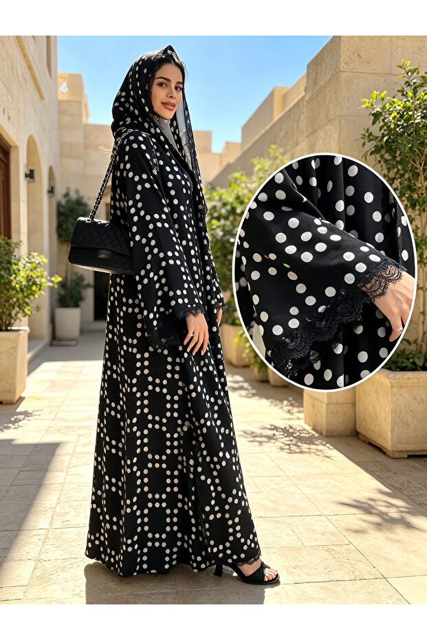طقم عباءة - عباءة مزينة بنقاط البولكا دوت وتطريز الدانتيل مع غطاء رأس
