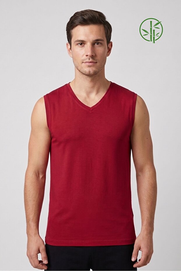 Men's Burgundy Bamboo V-Neck Zero Sleeve T-Shirt