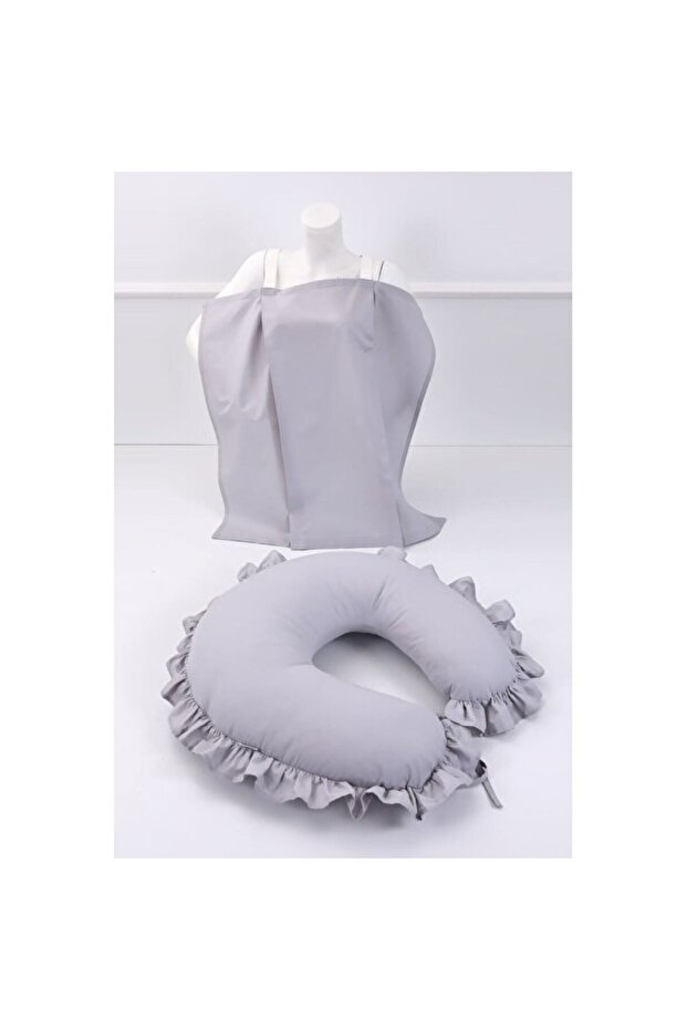 Comfortable Cotton Nursing Pillow and Bib Set with Gray Ruffle Detail