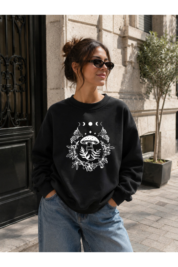 Mushroom and Moon Printed Crew Neck Sweatshirt