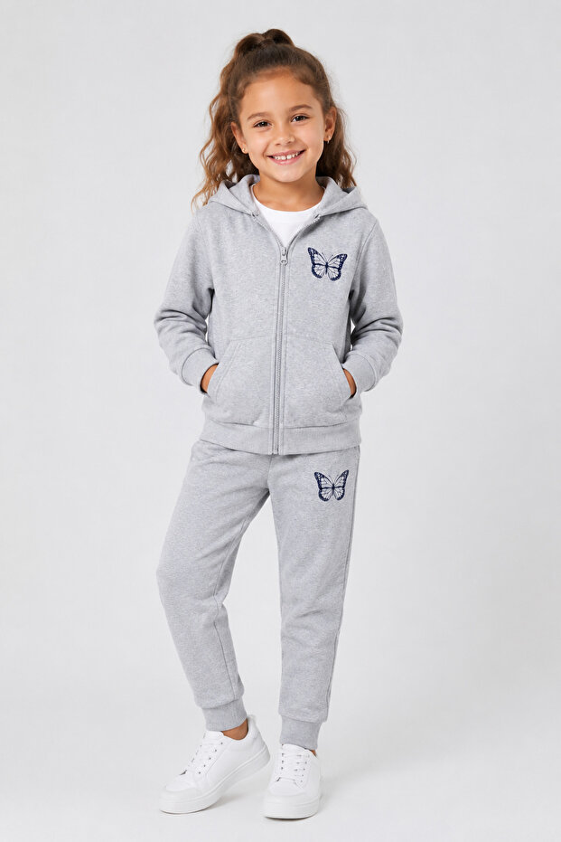 Zippered Cat & Butterfly Printed Girls' Top and Bottom Tracksuit Set