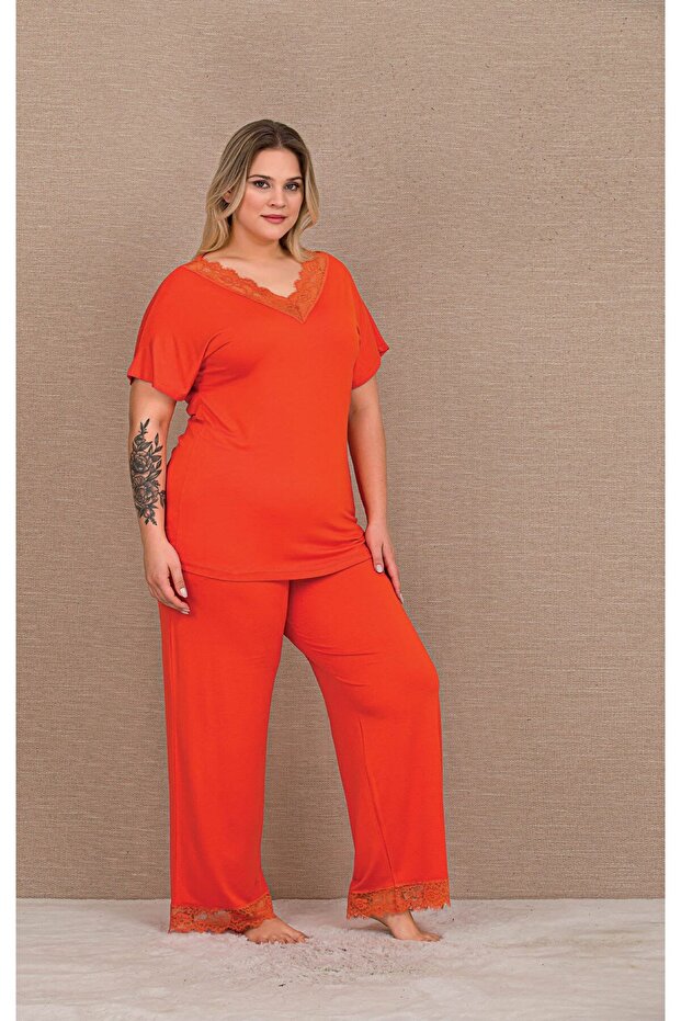 Orange Lace Detailed King Size Pajama Set