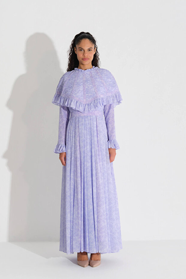 Chiffon Dress with Attached Overlay Cape Lila