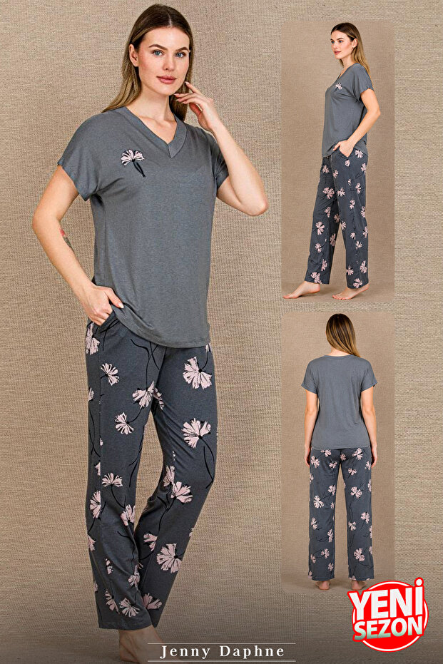 Vebuo Women's Gray Floral Pattern Viscose Pajamas Set Short Sleeve Soft Fabric Relaxed Fit Sleepwear Set 12682