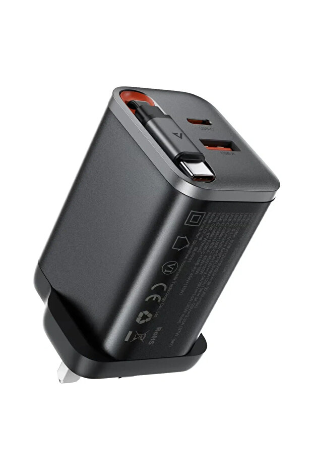 شاحن حائط A138 GaN PD67W مع كابل USB-C مدمج وثلاثة مخارج (USB-C + USB-A + كابل USB-C) - قابس بريطاني