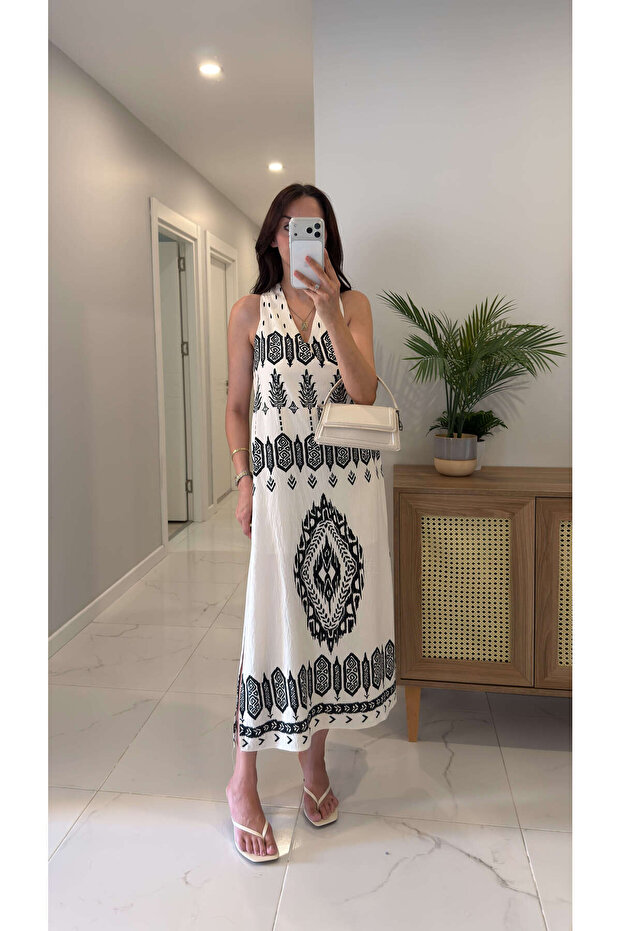 Sodel Beige Shoulder Knotted Lined Dress