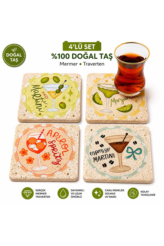 Set of 4 Natural Travertine Stone Coasters – Colorful Cocktail Patterned Uv Printed Square Marble Coasters