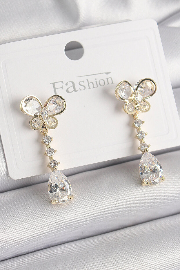 Brass Gold Color Zircon Stone Butterfly Model Dangle Drop Zircon Stone Women's Earrings