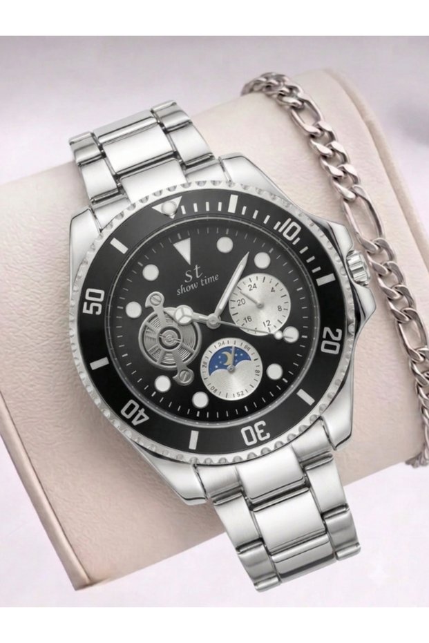 Men's Wristwatch Steel Band Black Dial Bracelet Gift Classic Stylish Combination Watch Swt03