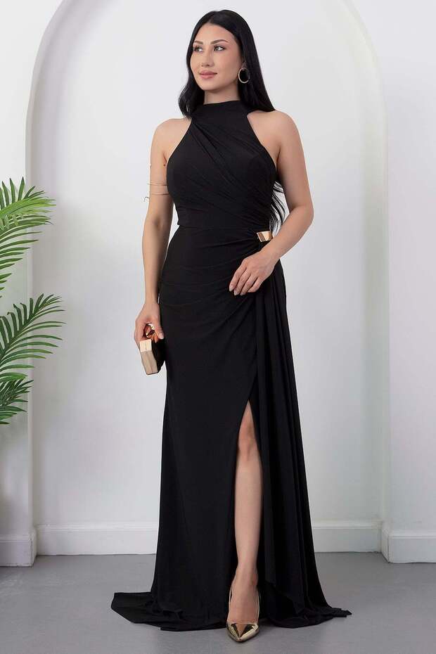 Halter Neck Draped Buckle Evening Dress Ecr5862