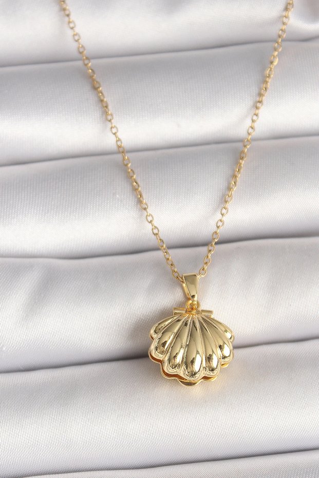 316L Steel Gold Color Chain Clamshell Mussel Model Women's Necklace with Pearls
