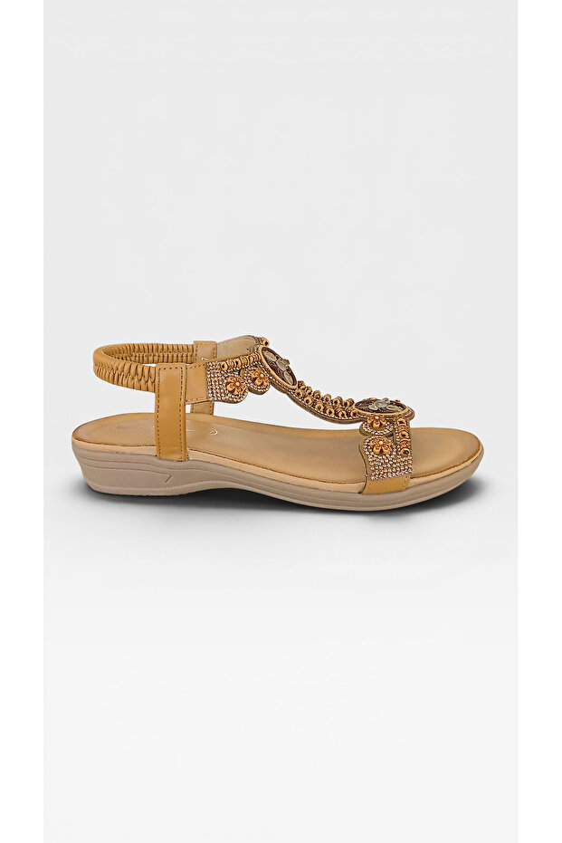 Women's Imported Stone Detailed Anatomical Comfortable Sole Sandals with Elastic Back Camel