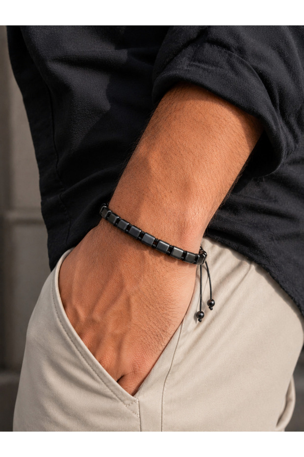 Men's Black Matte Natural Stone Look Adjustable Drawstring Bracelet