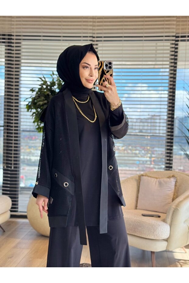 26YT670 سترة شبكية علوية طقم مكون من قطعتين باللون الأسود