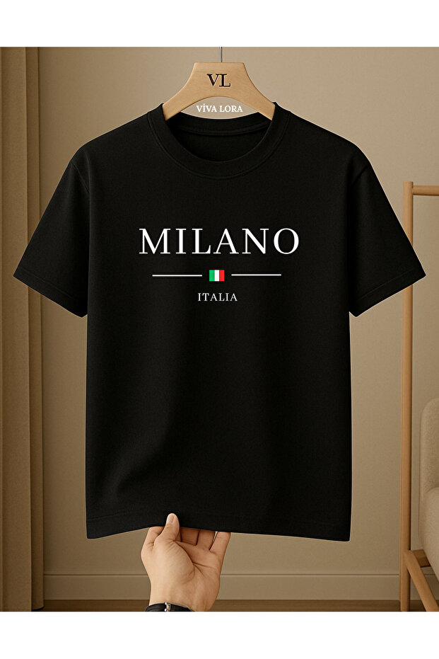 Milano Italia Printed 100% Cotton Crew Neck Regular Unisex Black T-Shirt