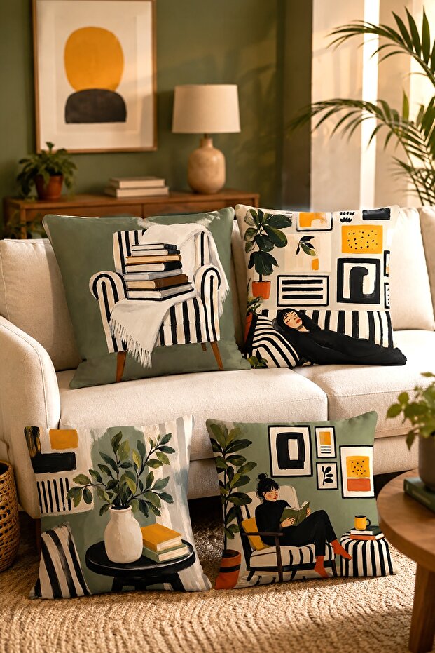Bookworm Girl Patterned 4-Piece Throw Pillow Cover Set
