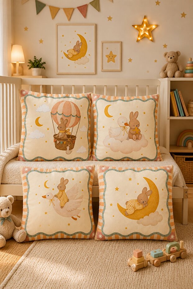 Set of 4 Patterned Flying Animals in the Sky Children's and Baby's Throw Pillow Covers
