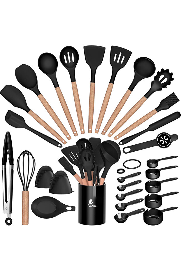 Silicone Kitchen Spatula Set 28 Pieces, Heat Resistant and Fireproof Black