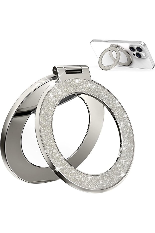 Magnetic Ring Holder,Compatible with MagSafe Adjustable Stand,360° Rotation Phone Grip with Metal Ring,Silver