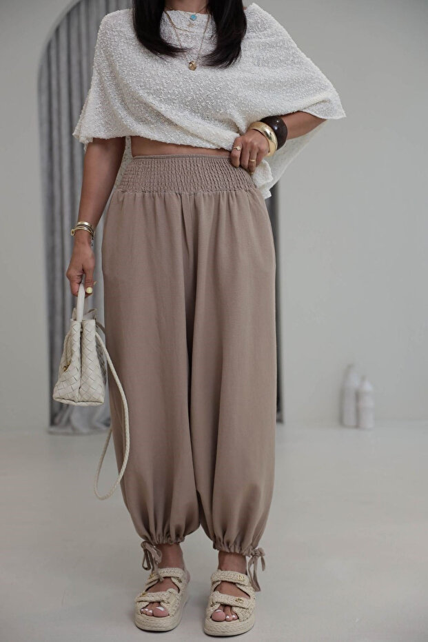 Beige Shalwar Trousers with Elastic Waist and Elasticated Cuffs - 261045