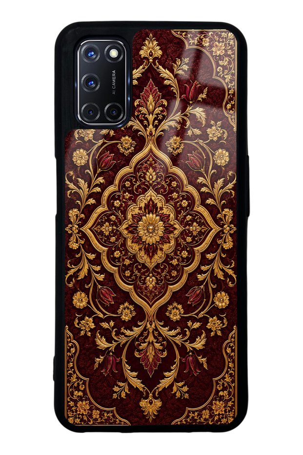 Oppo A52 Burgundy Glossy Phone Case with Ottoman Gold Design