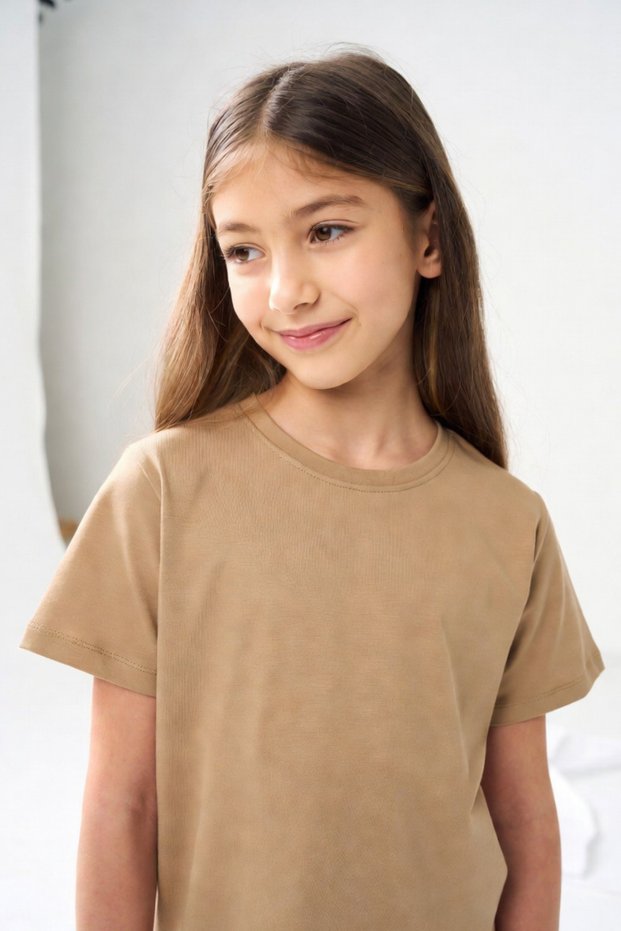 Beige Short Sleeve Basic T-Shirt - Non-Sweating Flexible Fabric Cotton Seasonal Beige Short Sleeve Girls' Tshirt