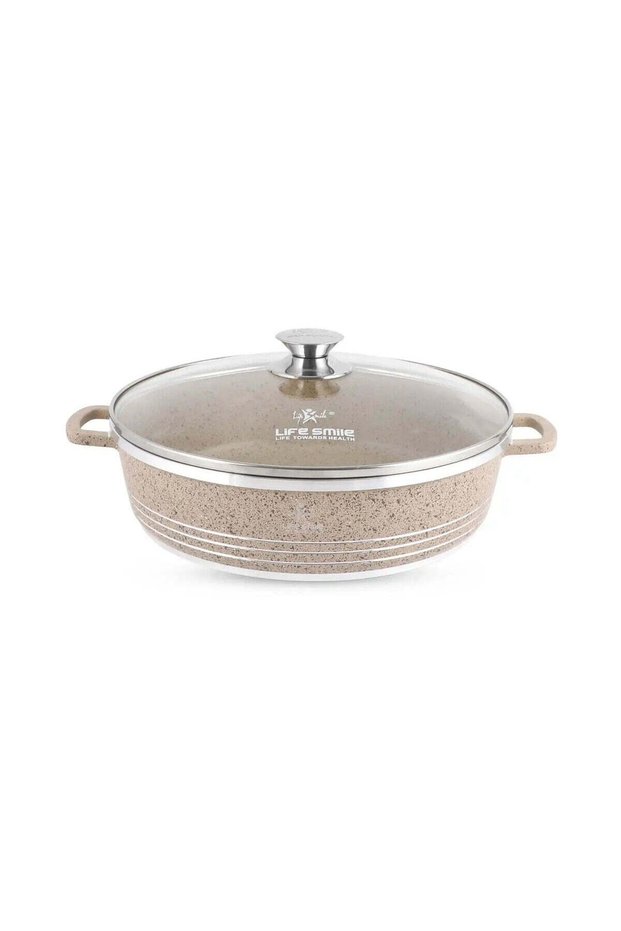 Life Smile 32 cm Oven-Safe Granite Coating Cooking Pot with Glass Lid-Beige