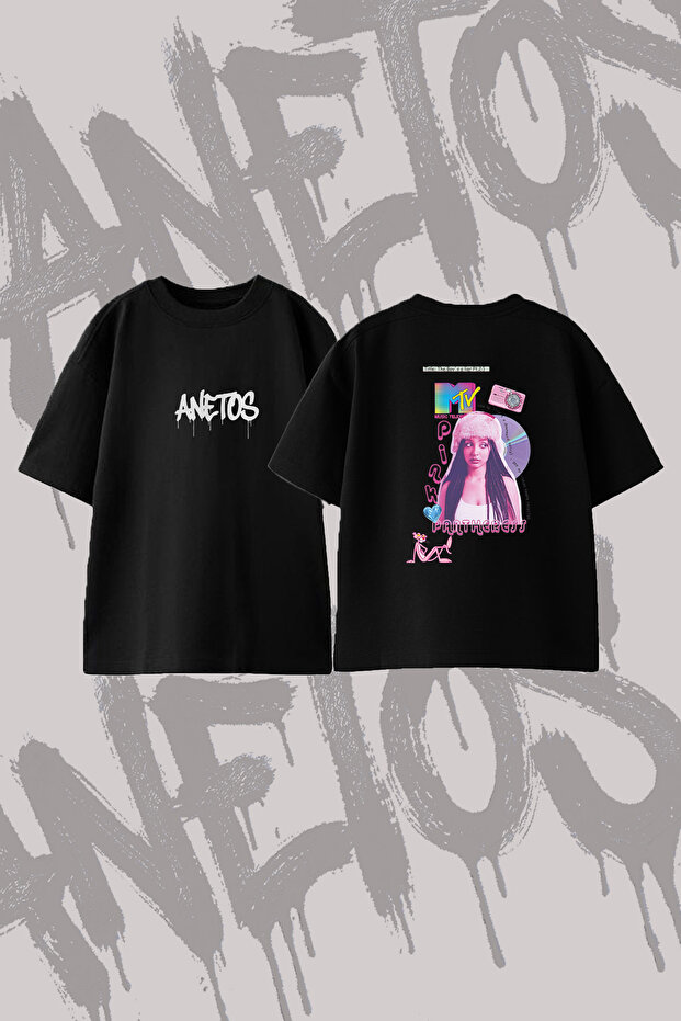 Pinkpantheress Pinkpanther Design Back Printed Cotton Black Oversize T-Shirt
