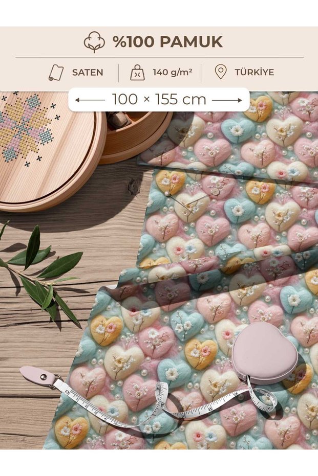 100% Cotton Satin Fabric Digital Printed Pastel Heart Pattern 100X155 cm for Sewing Patchwork and Hobby
