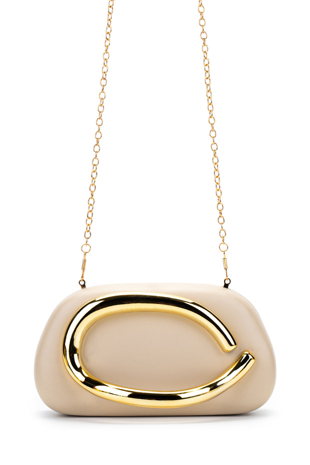 Gold Ring Detailed Faux Leather Women's Evening Dress Bag Sydney Cream