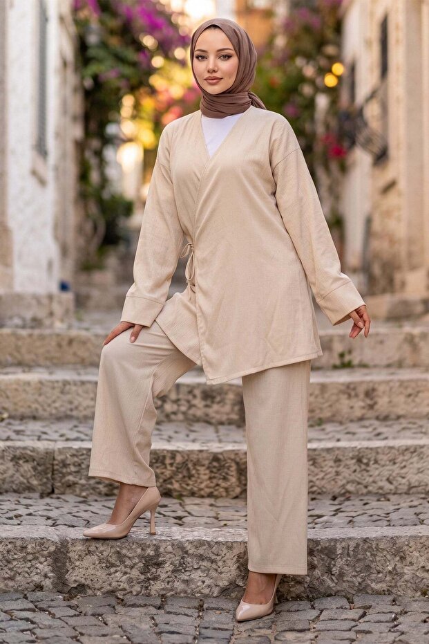 Side Tie Kimono Set Beige Hm2935