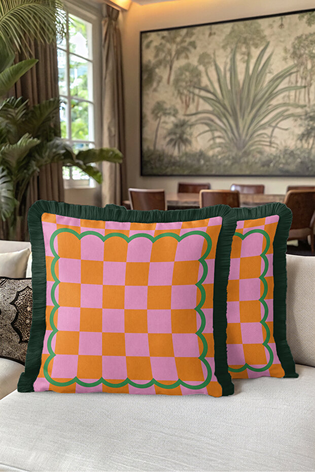 Plaid Geometric Retro Fringed Pillowcase-Wavy Boho Pink Orange Black Tassel Throw Pillow Cover