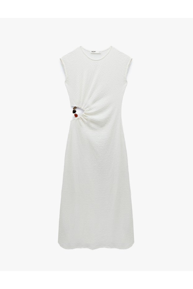 Bürümcük Fabric Textured Sleeveless Crew Neck Long Dress with Window Detail