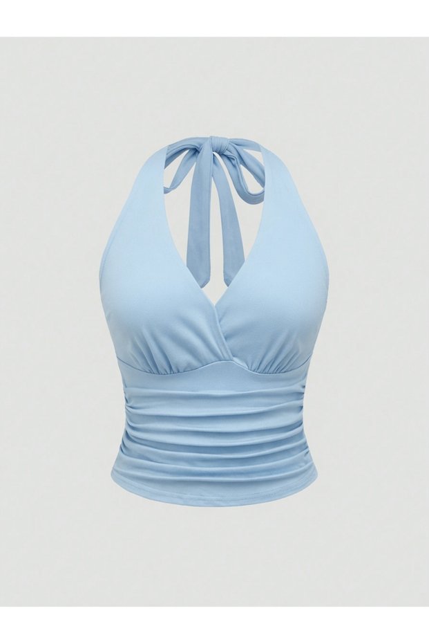 Light Blue Halter Neck Crop Blouse, Women's Halter Neck Crop Blouse, Summer Baby Blue Crop