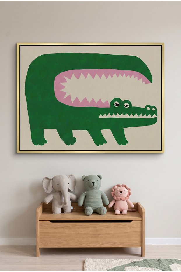 Green Crocodile Kids Wall Art | Portrait Framed Canvas Print | Luxury Modern Decor for Kids Room