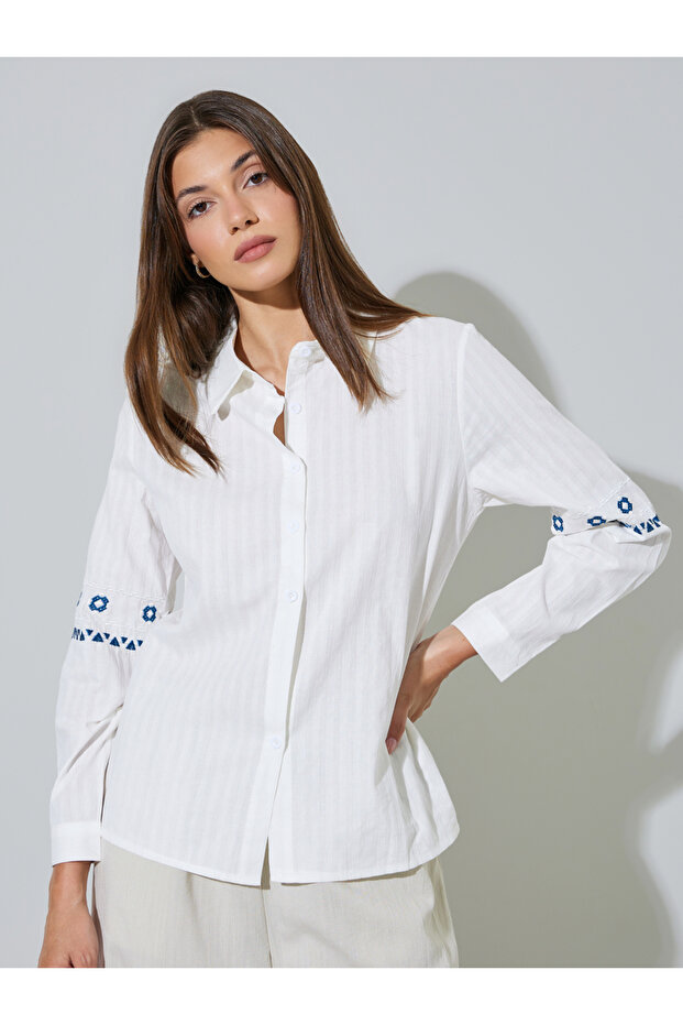 White Embroidery Detail Regular Fit Shirt
