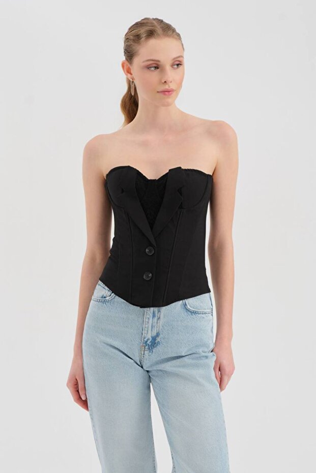 Women's Corset with Jacket Front Closure Detail and Covered Chest Design