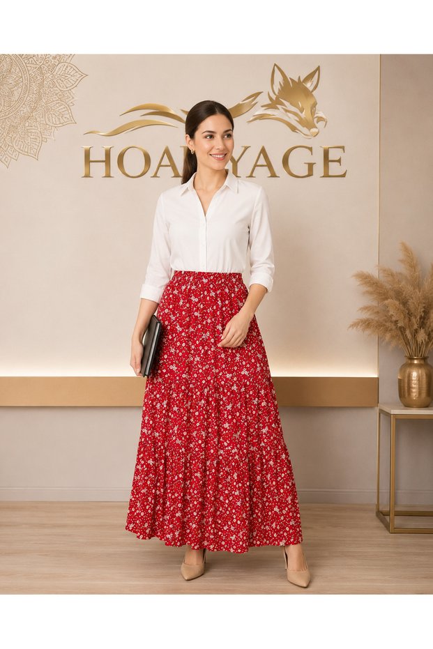 Elastic Waist 3-Layer Ruffle Viscose Fabric Skirt, Mevlana Long Cotton Skirt, Size 38-46