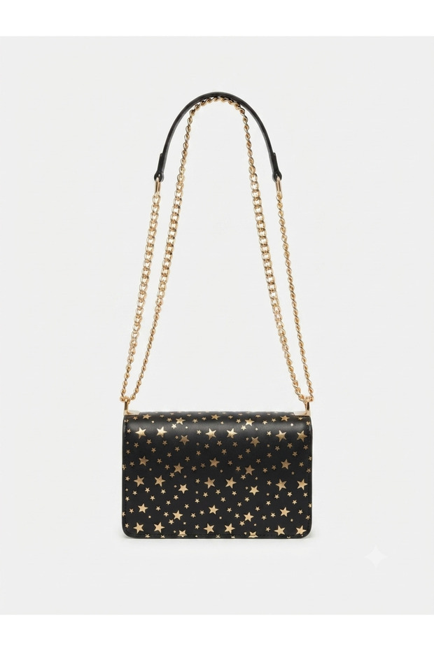Black Gold Star Patterned Chain Strap Women's Shoulder Crossbody Box Bag