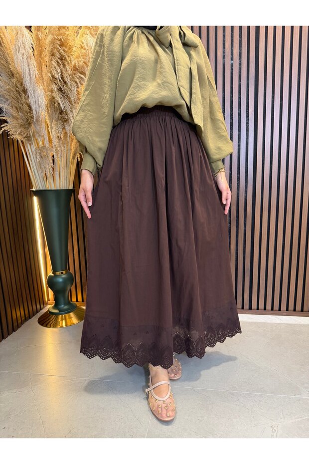 Zena Lace Detailed Lined Skirt | Brown
