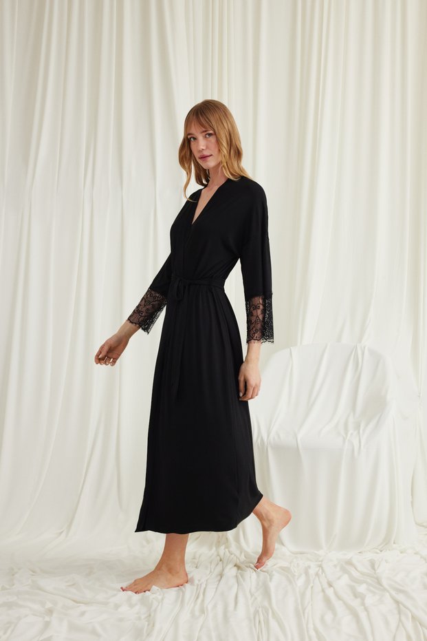 Black Long Dressing Gown, Women's Lace Viscose One-Piece Dressing Gown, Gauzy Robe Sleepwear, Stylish Sleepwear, Black Luxury Dowry Dressing Gown