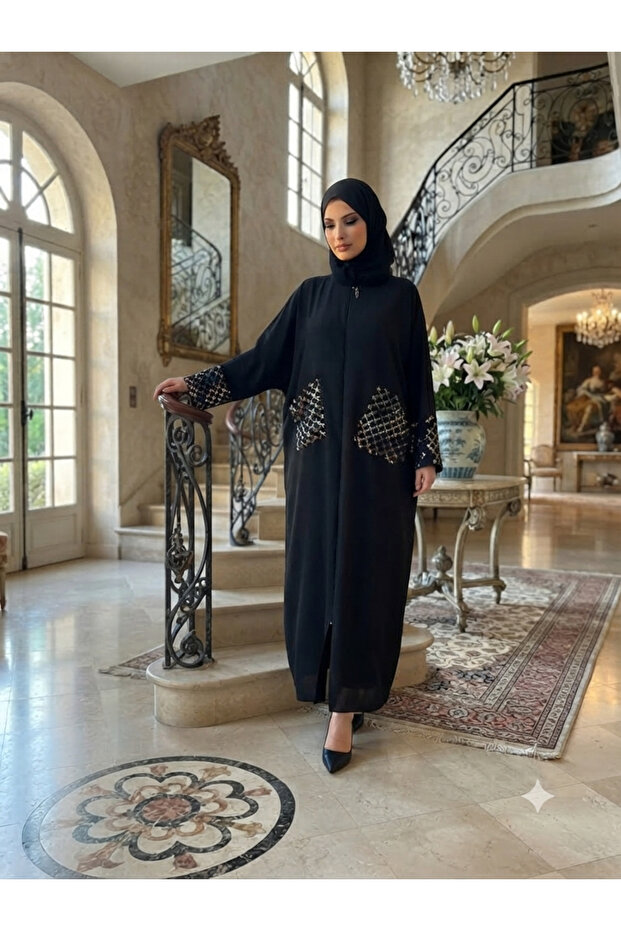 Standard Ferace with Zippered Cuffs and Pockets, with Sequin Detail, Loose Cut, Can Be Weared in Sizes 40-48.