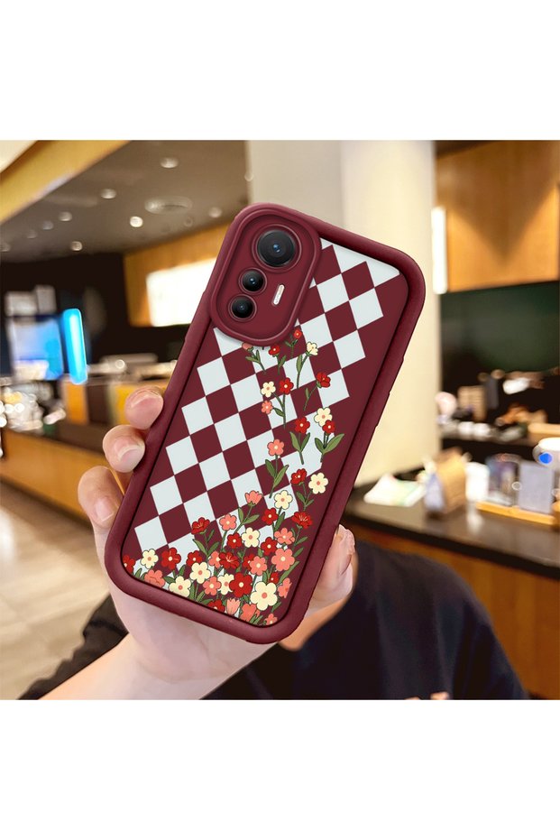 Xiaomi Mi 12 Lite Compatible Case Camera Protector Burgundy Silicone Couple Phone Case Floral Pattern