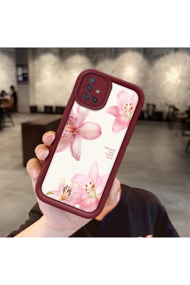 Samsung Galaxy A51 Compatible Case Camera Protector Burgundy Silicone Couple Phone Case Floral Pattern