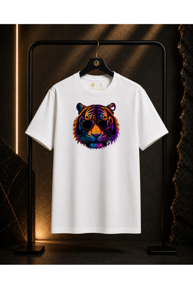 Unisex Premium Tiger Front Chest Printed 100% Cotton Oversize Crew Neck Short Sleeve T-Shirt White