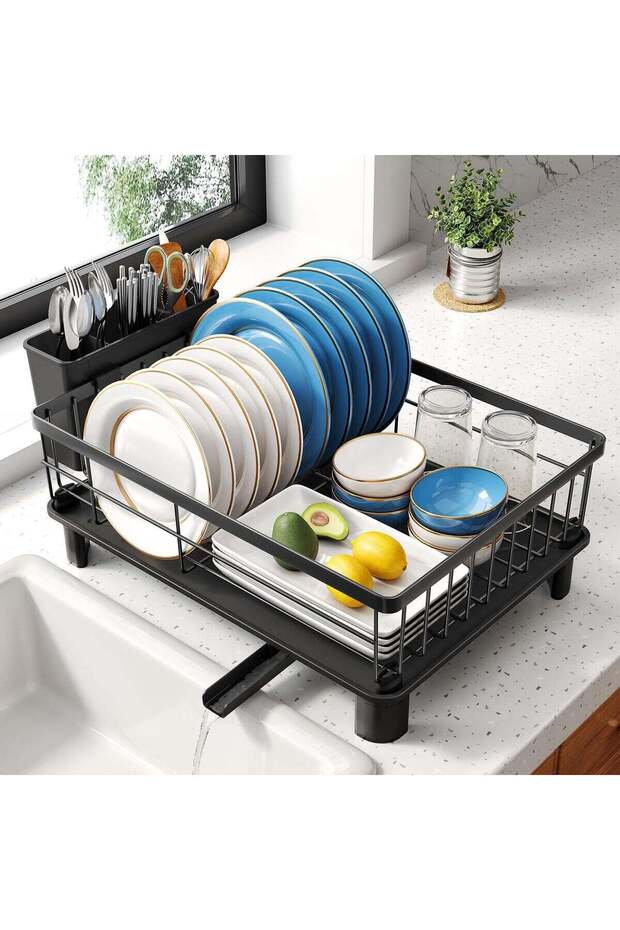 Dish Drying Rack - Space-Saving Dish Rack for Kitchen Counter, Stainless Steel Dish Drainer with Utensil Holder and Drainboard (Black)